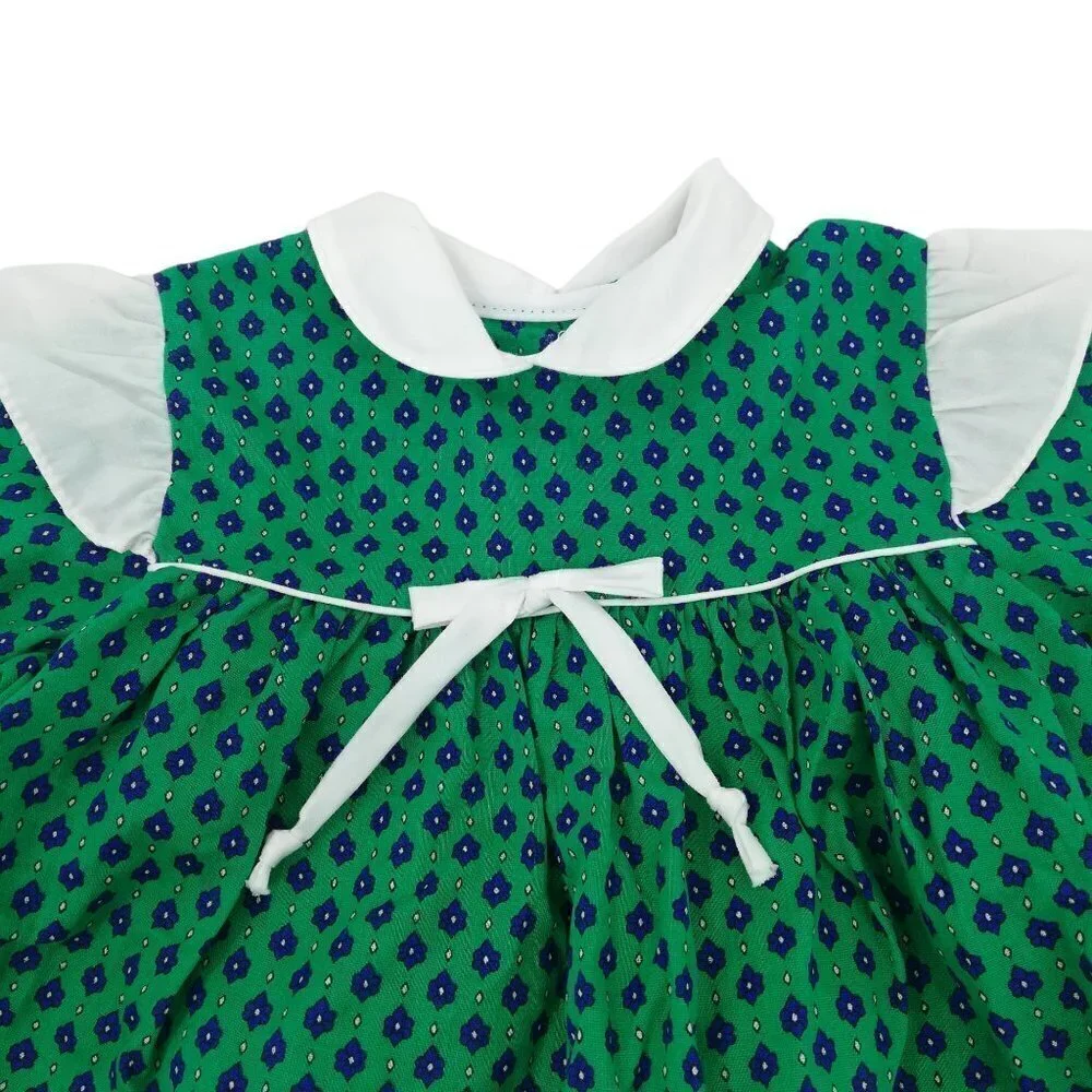Vintage Sears Ruffle Collar Prairie Dress Size 20lbs 6-9 months Bow Floral Green